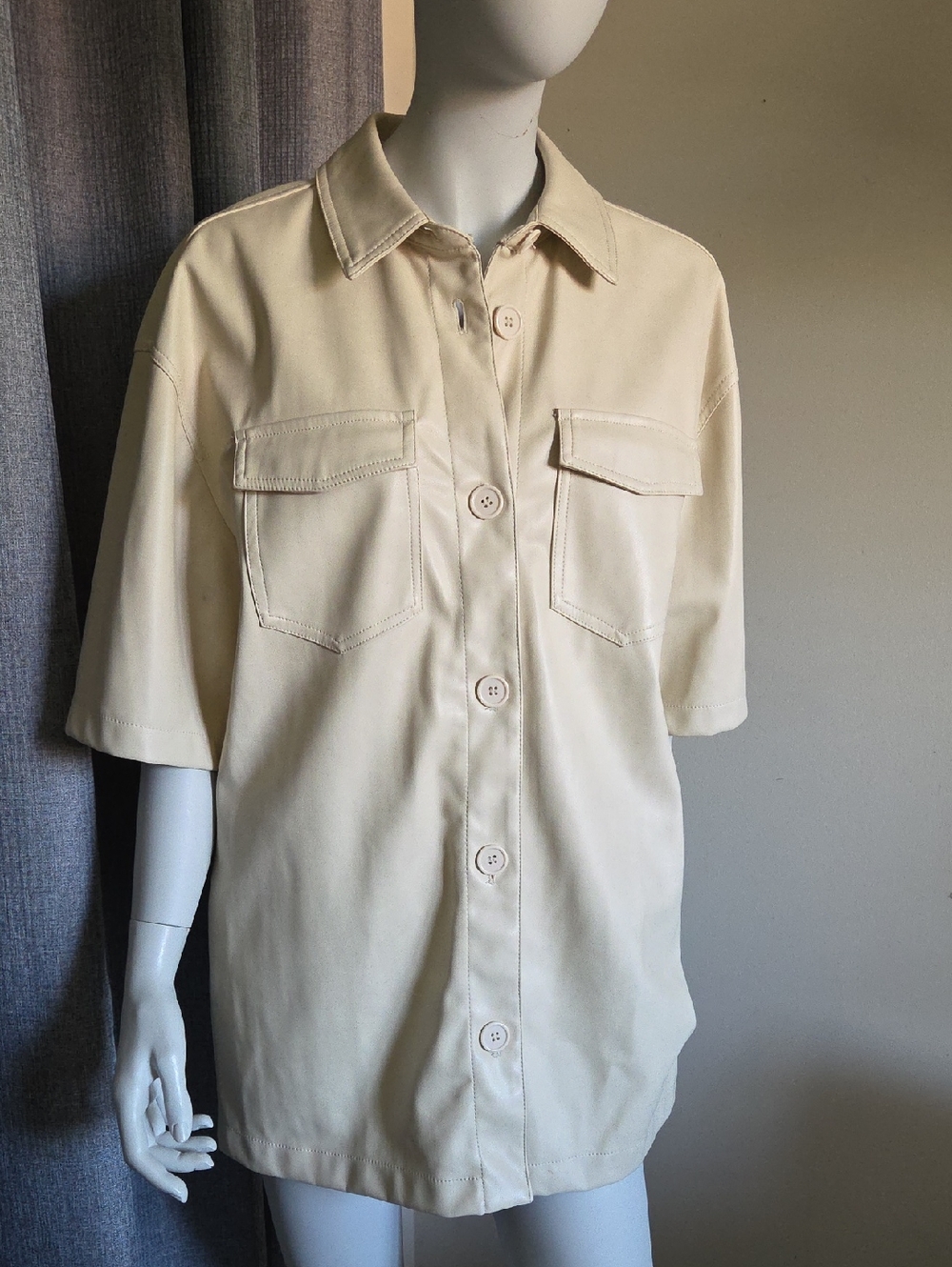 7 For All Mankind Cream Vegan Leather Utility Shirt